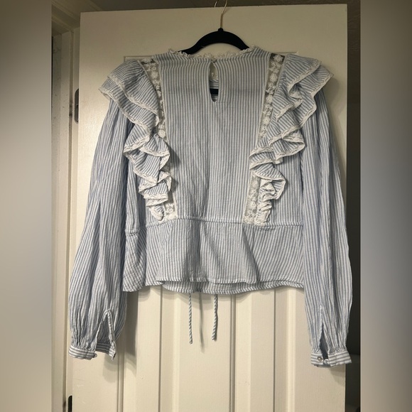 Free People Blue Pinstripe Ruffled Lace Victorian-Style Cotton Blouse XSmall - Picture 5 of 5